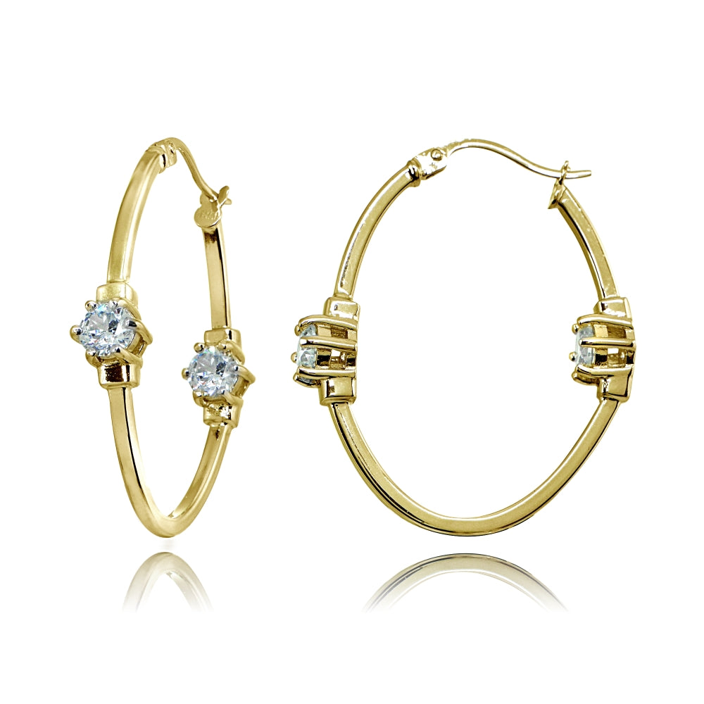 Yellow Gold Flashed Sterling Silver Polished Cubic Zirconia Round Two Stone Oval Hoop Earrings