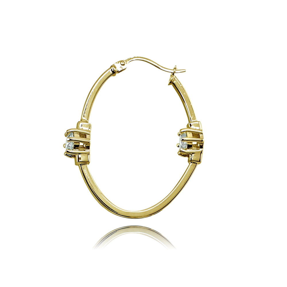 Yellow Gold Flashed Sterling Silver Polished Cubic Zirconia Round Two Stone Oval Hoop Earrings-2