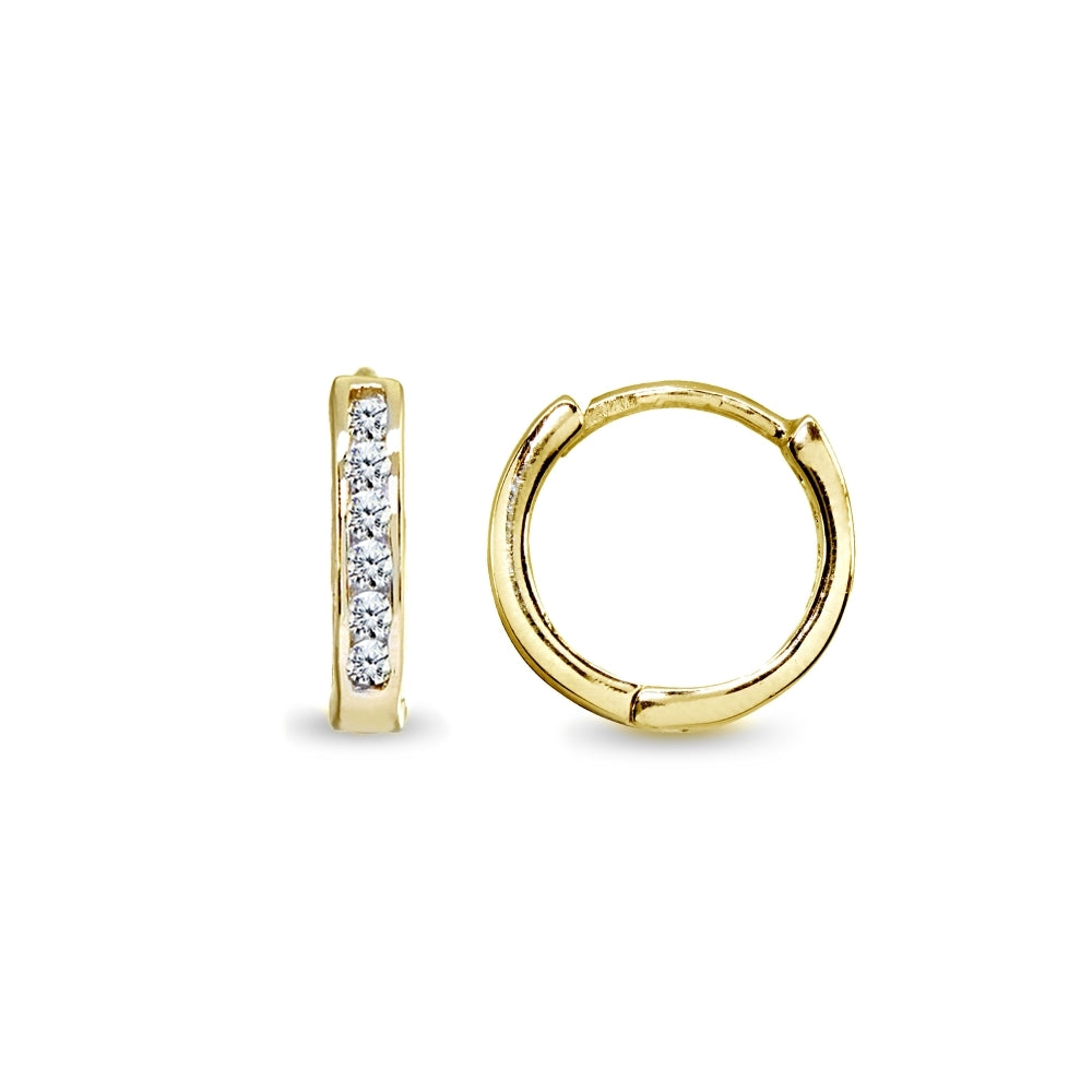 Gold Flash Sterling Silver Tiny Small 13mm Channel-set Cubic Zirconia Round Huggie Hoop Earrings