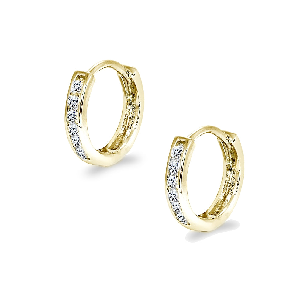 Gold Flash Sterling Silver Tiny Small 13mm Channel-set Cubic Zirconia Round Huggie Hoop Earrings-3