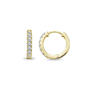 Gold Flash Sterling Silver Tiny Small 15mm Prong-set Cubic Zirconia Round Huggie Hoop Earrings