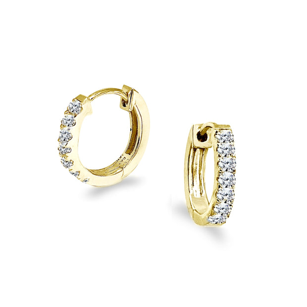 Gold Flash Sterling Silver Tiny Small 15mm Prong-set Cubic Zirconia Round Huggie Hoop Earrings
