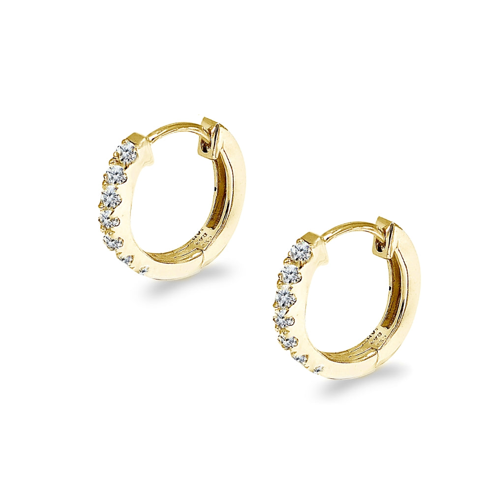 Gold Flash Sterling Silver Tiny Small 15mm Prong-set Cubic Zirconia Round Huggie Hoop Earrings-3