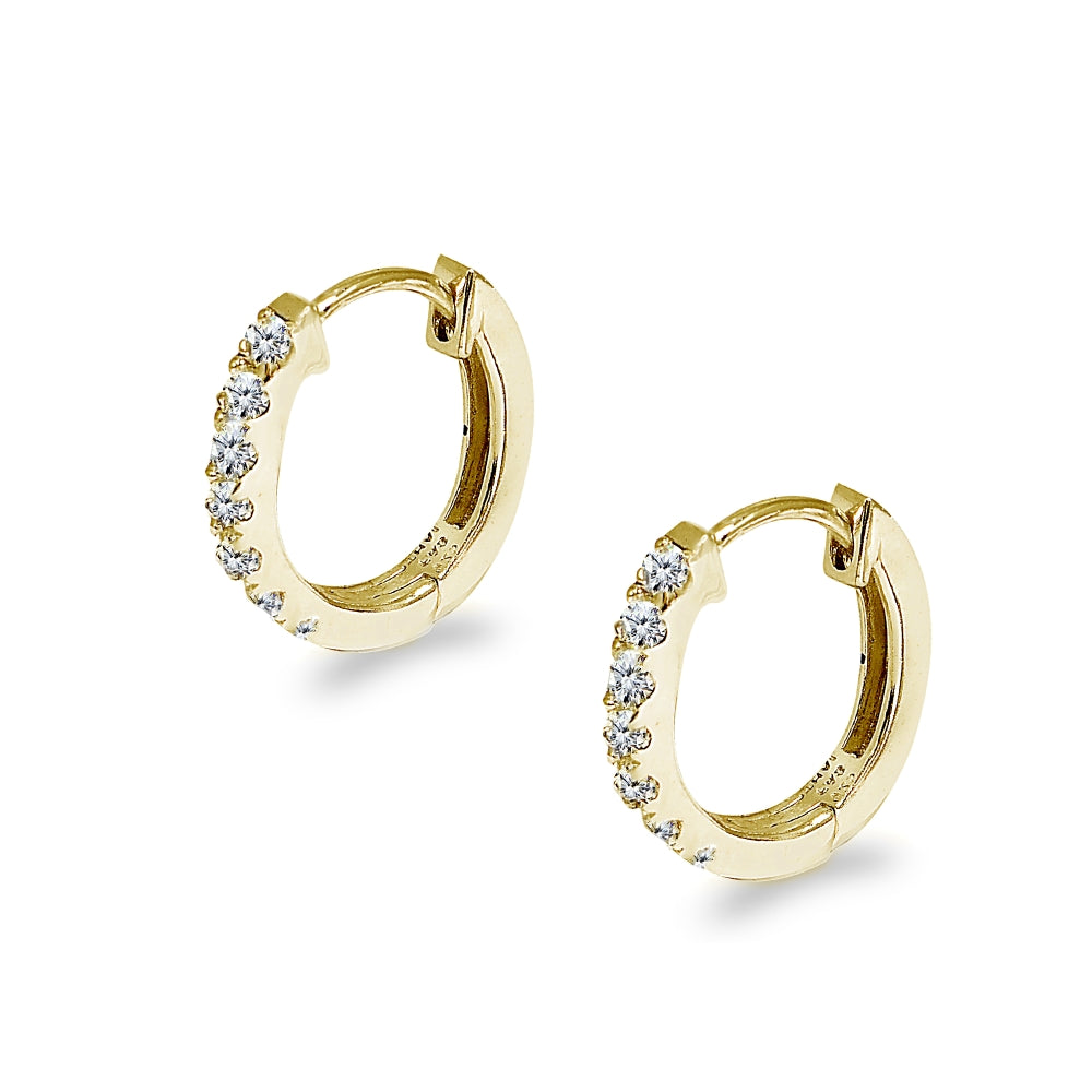 Gold Flash Sterling Silver Tiny Small 15mm Prong-set Cubic Zirconia Oval Huggie Hoop Earrings-3
