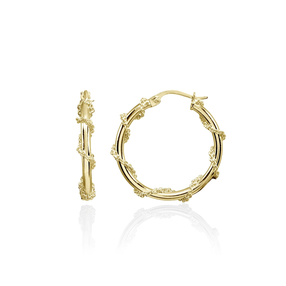 Yellow Gold Flashed Sterling Silver Chain Wrap Click-Top Hoop Earrings, 25mm