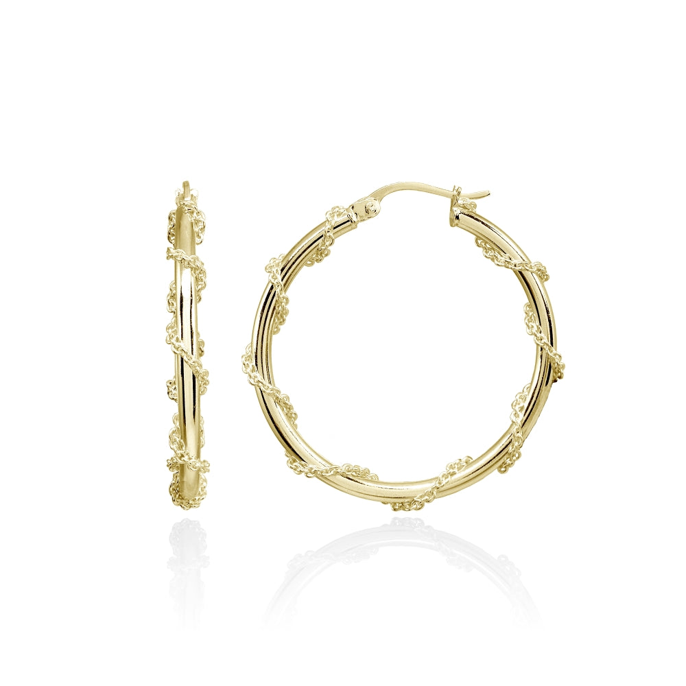 Yellow Gold Flashed Sterling Silver Chain Wrap Click-Top Hoop Earrings, 30mm