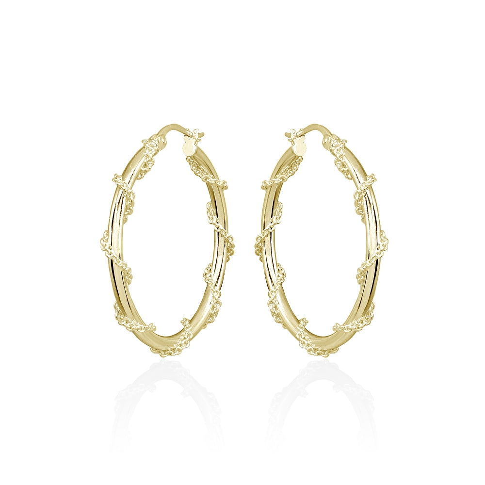 Yellow Gold Flashed Sterling Silver Chain Wrap Click-Top Hoop Earrings, 30mm-2