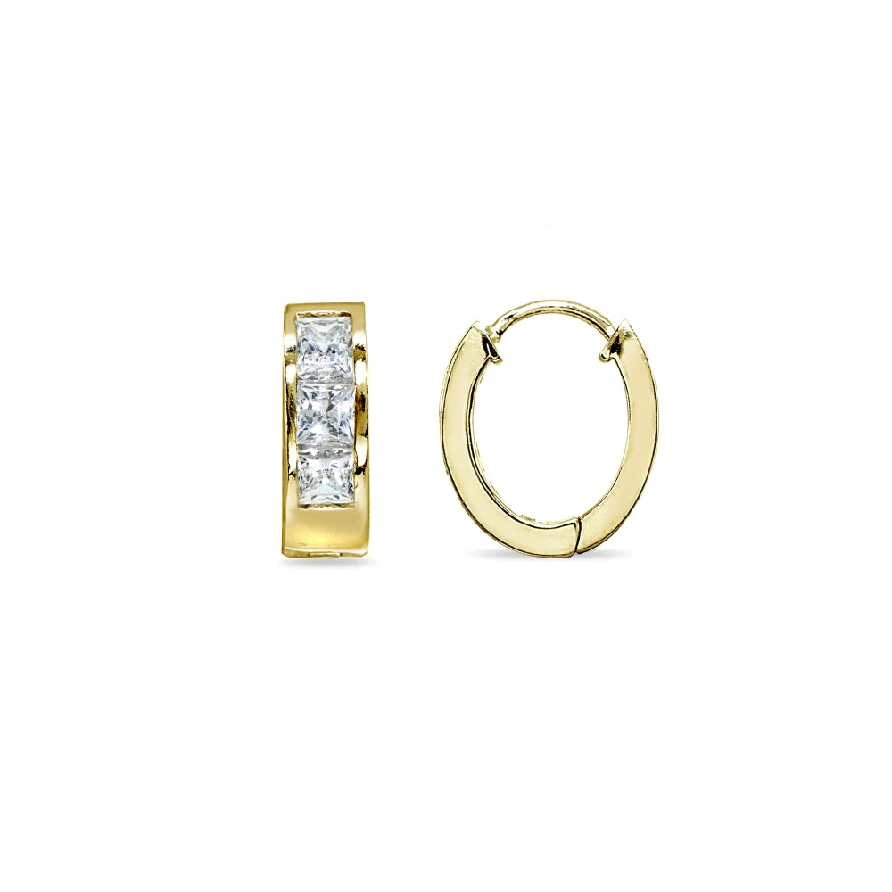 Gold Flash Sterling Silver Swarovski Zirconia Princess-Cut Set Oval Small Huggie Hoop Earrings-2