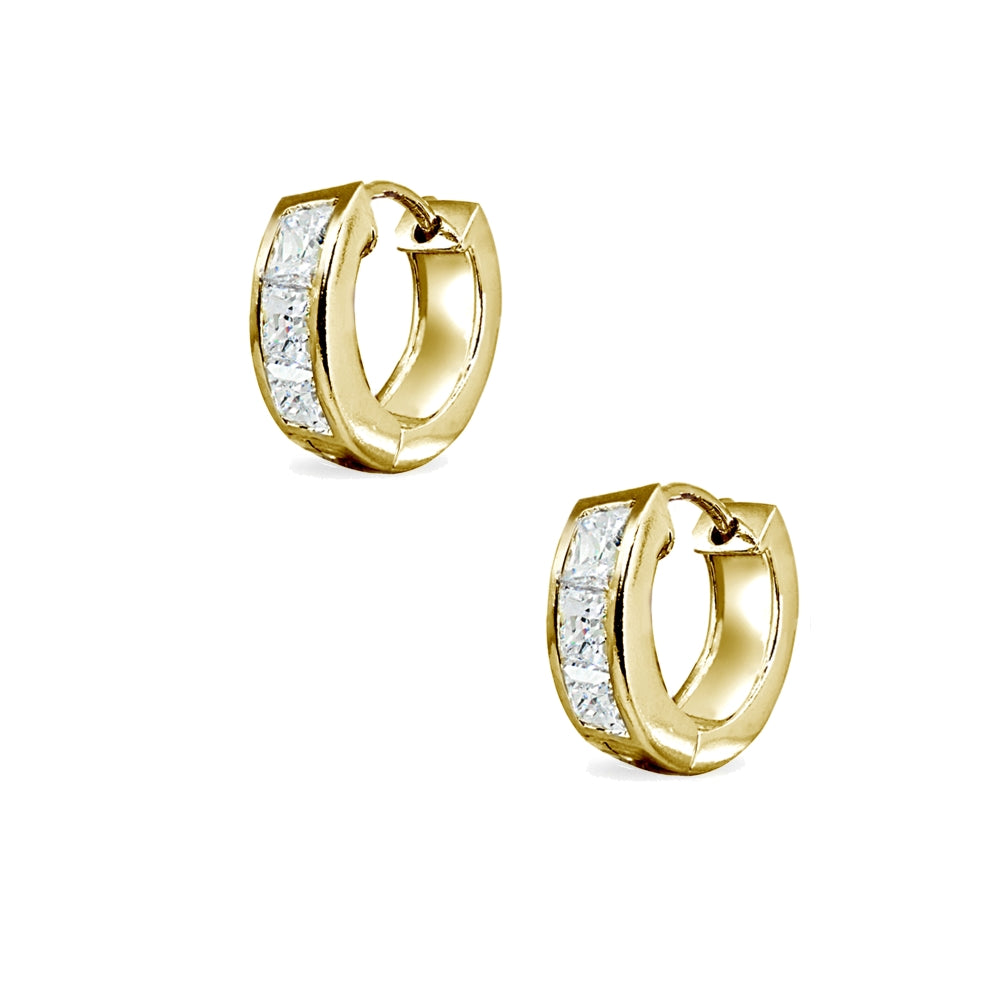 Gold Flash Sterling Silver Swarovski Zirconia Princess-Cut Set Oval Small Huggie Hoop Earrings-3