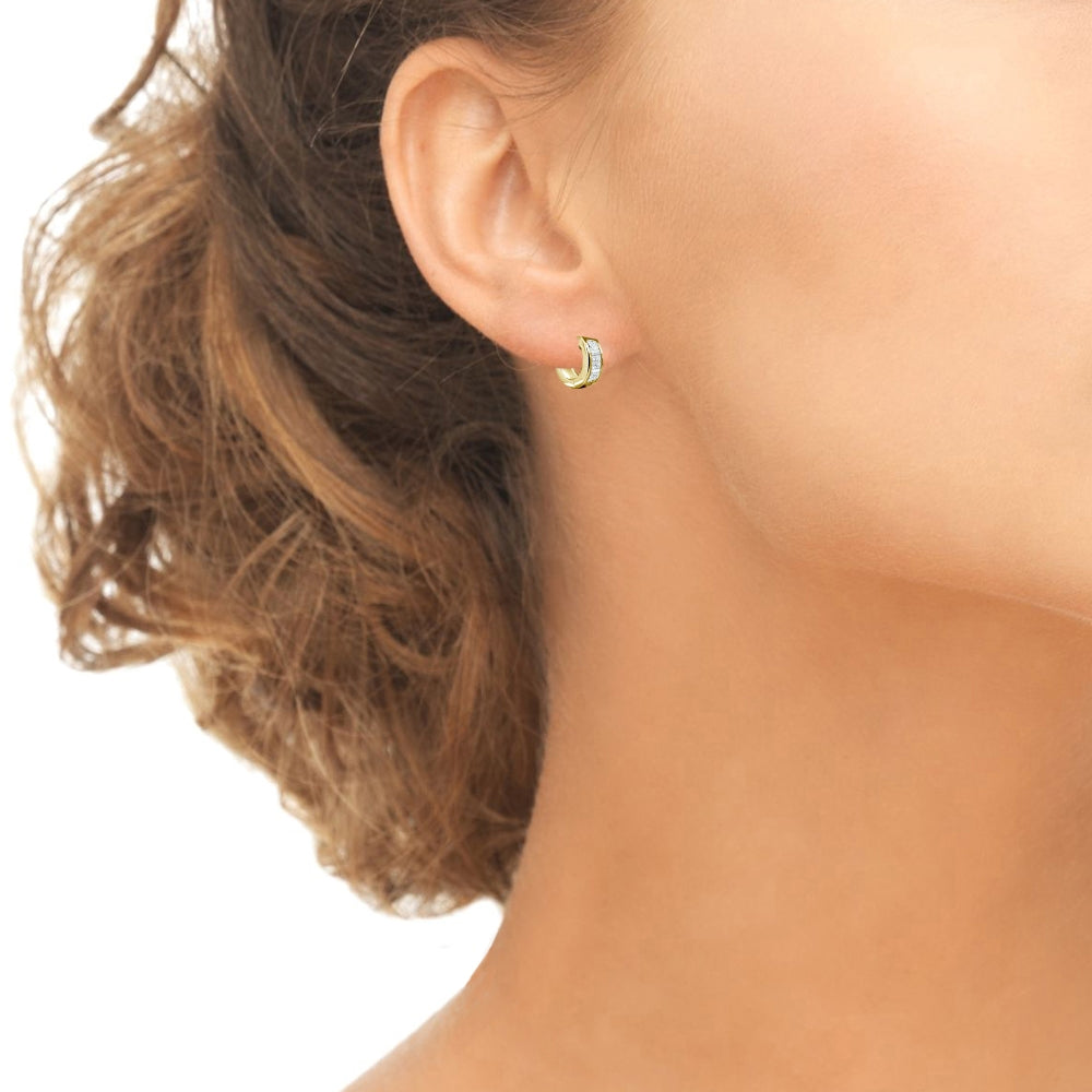 Gold Flash Sterling Silver Swarovski Zirconia Princess-Cut Set Oval Small Huggie Hoop Earrings-4