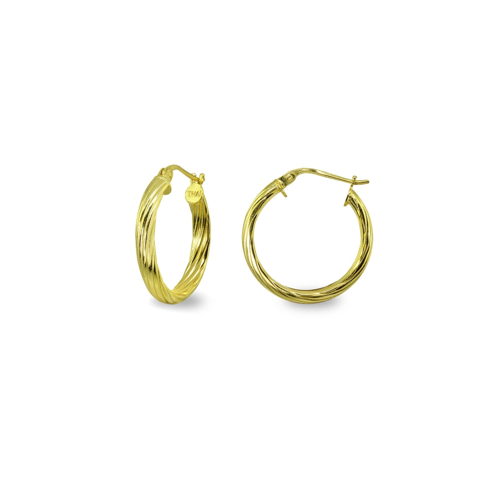 Yellow Gold Flashed Sterling Silver Polished 3x15mm Twist Half Round Click-Top Small Hoop Earrings