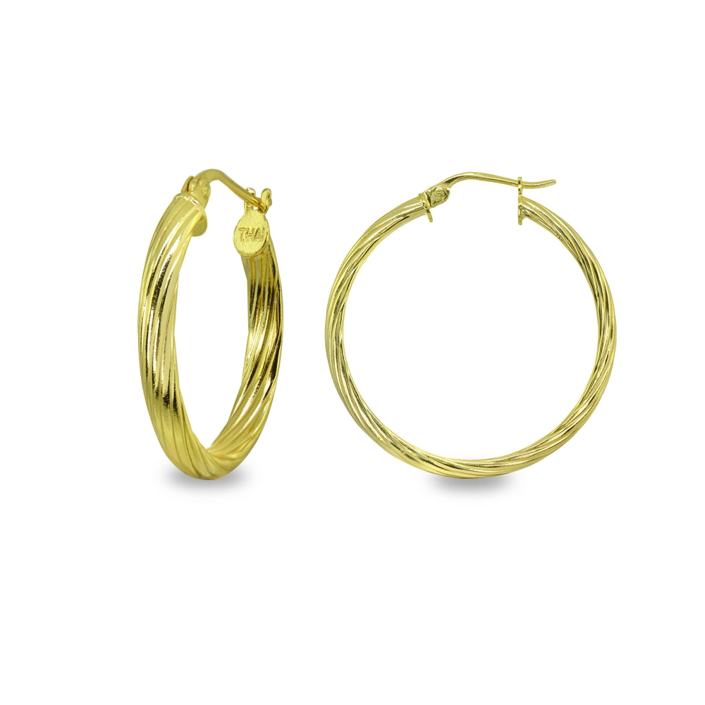 Yellow Gold Flashed Sterling Silver Polished 3x30mm Twist Half Round Click-Top Medium Hoop Earrings