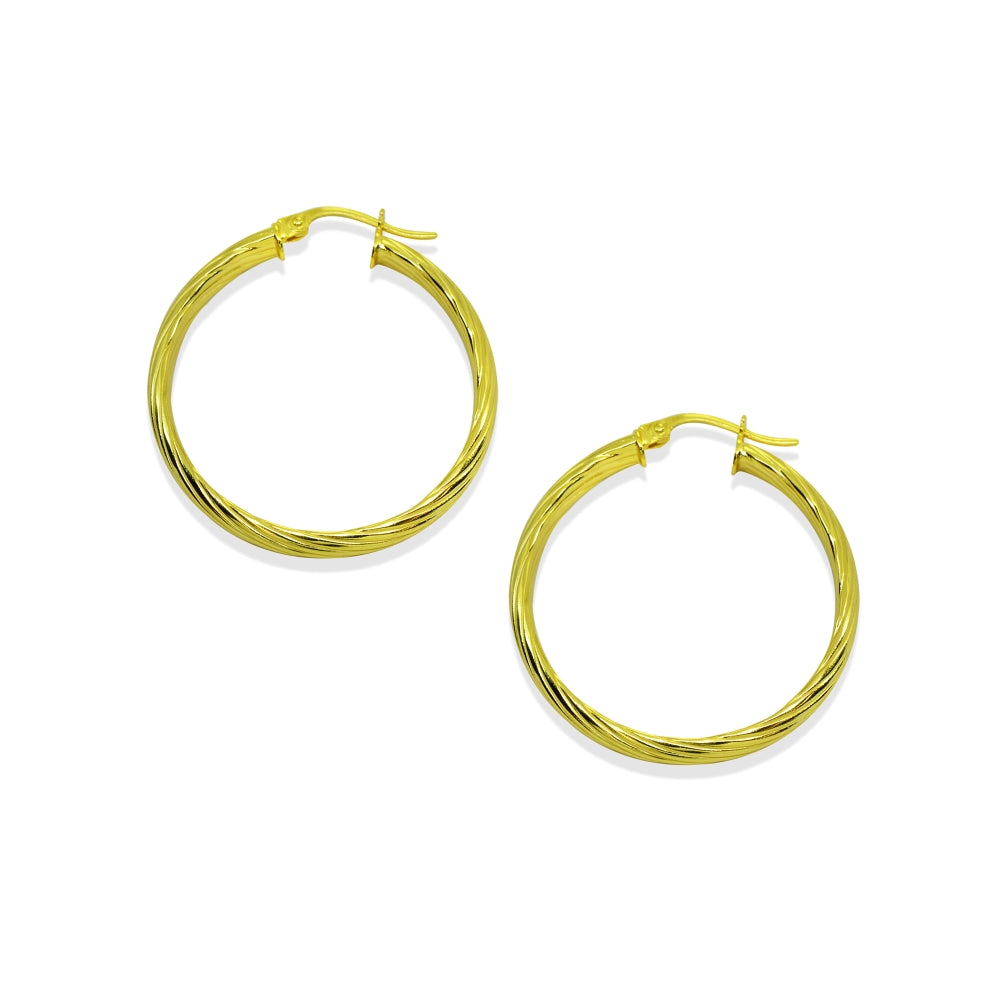 Yellow Gold Flashed Sterling Silver Polished 3x30mm Twist Half Round Click-Top Medium Hoop Earrings-2