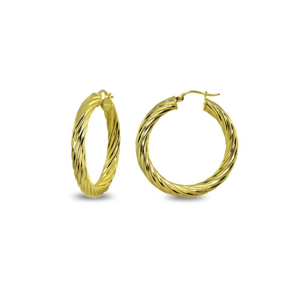 Yellow Gold Flashed Sterling Silver Polished 4x25mm Twist Round Click-Top Small Hoop Earrings