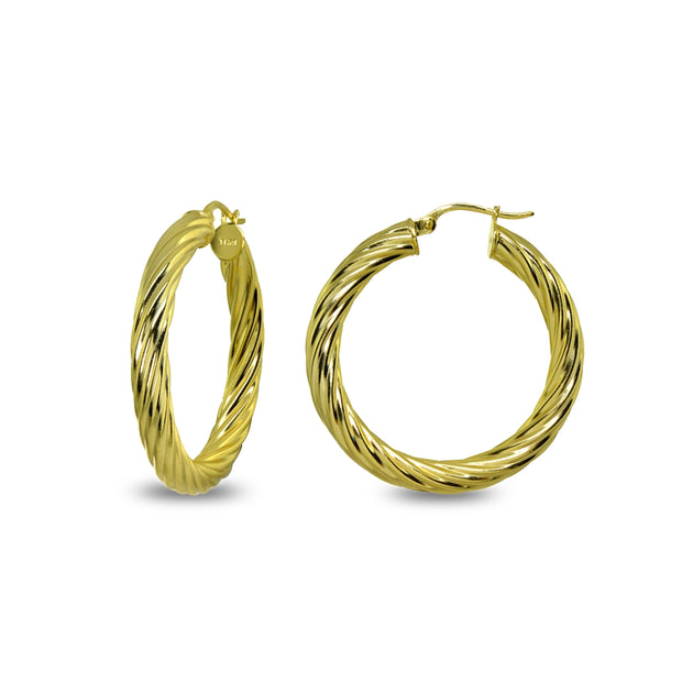 Yellow Gold Flashed Sterling Silver Polished 4x30mm Twist Round Click-Top Medium Hoop Earrings