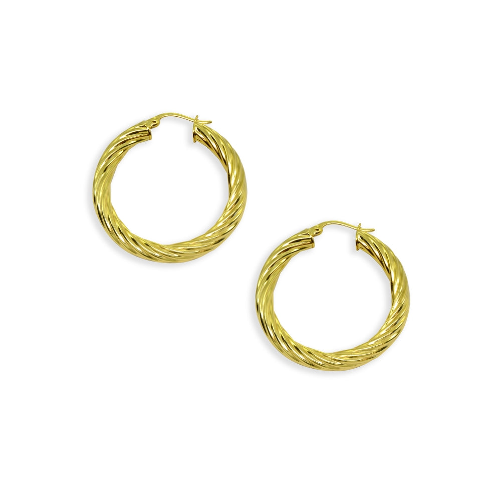 Yellow Gold Flashed Sterling Silver Polished 4x30mm Twist Round Click-Top Medium Hoop Earrings-2