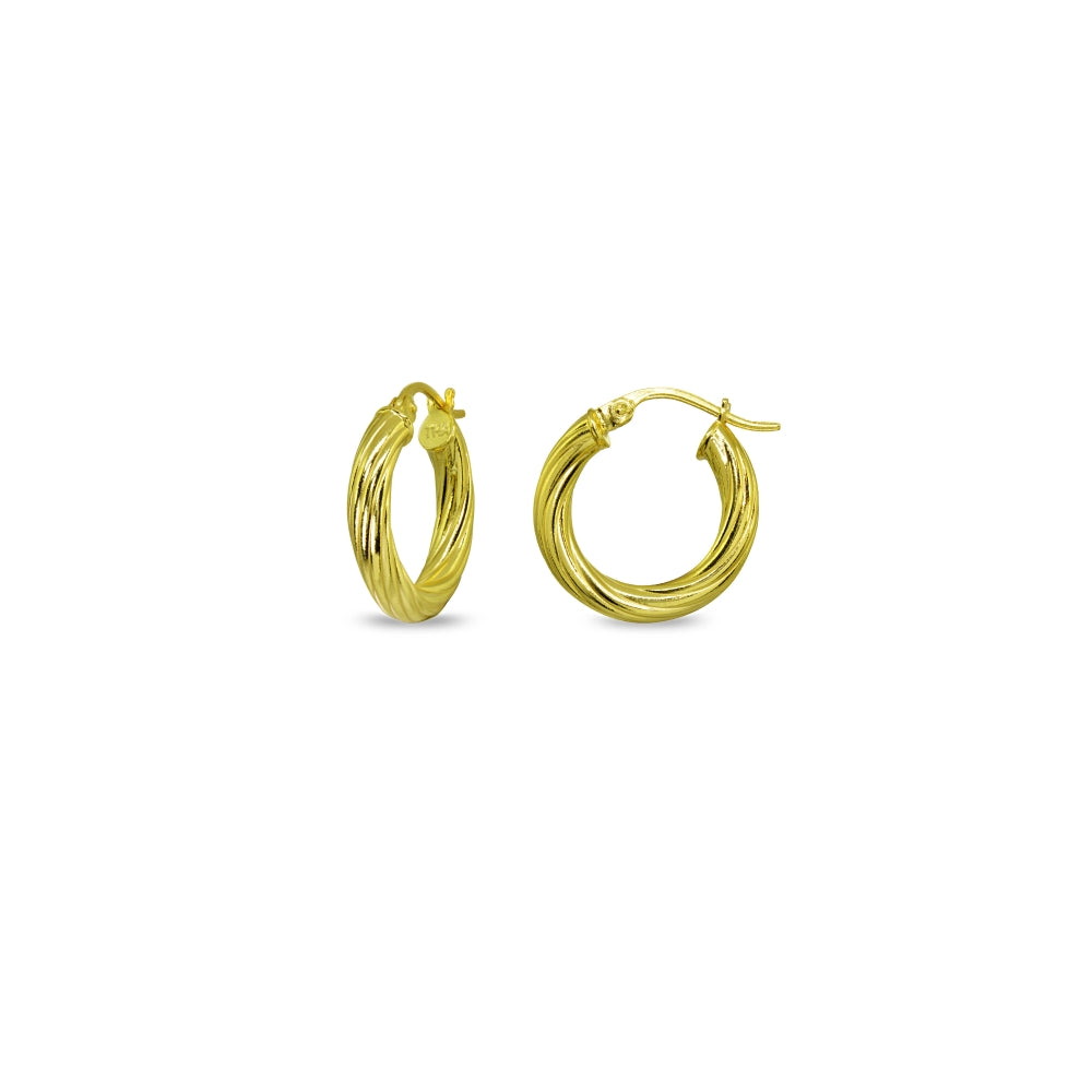 Yellow Gold Flashed Sterling Silver Polished 3x15mm Twist Round Click-Top Small Hoop Earrings