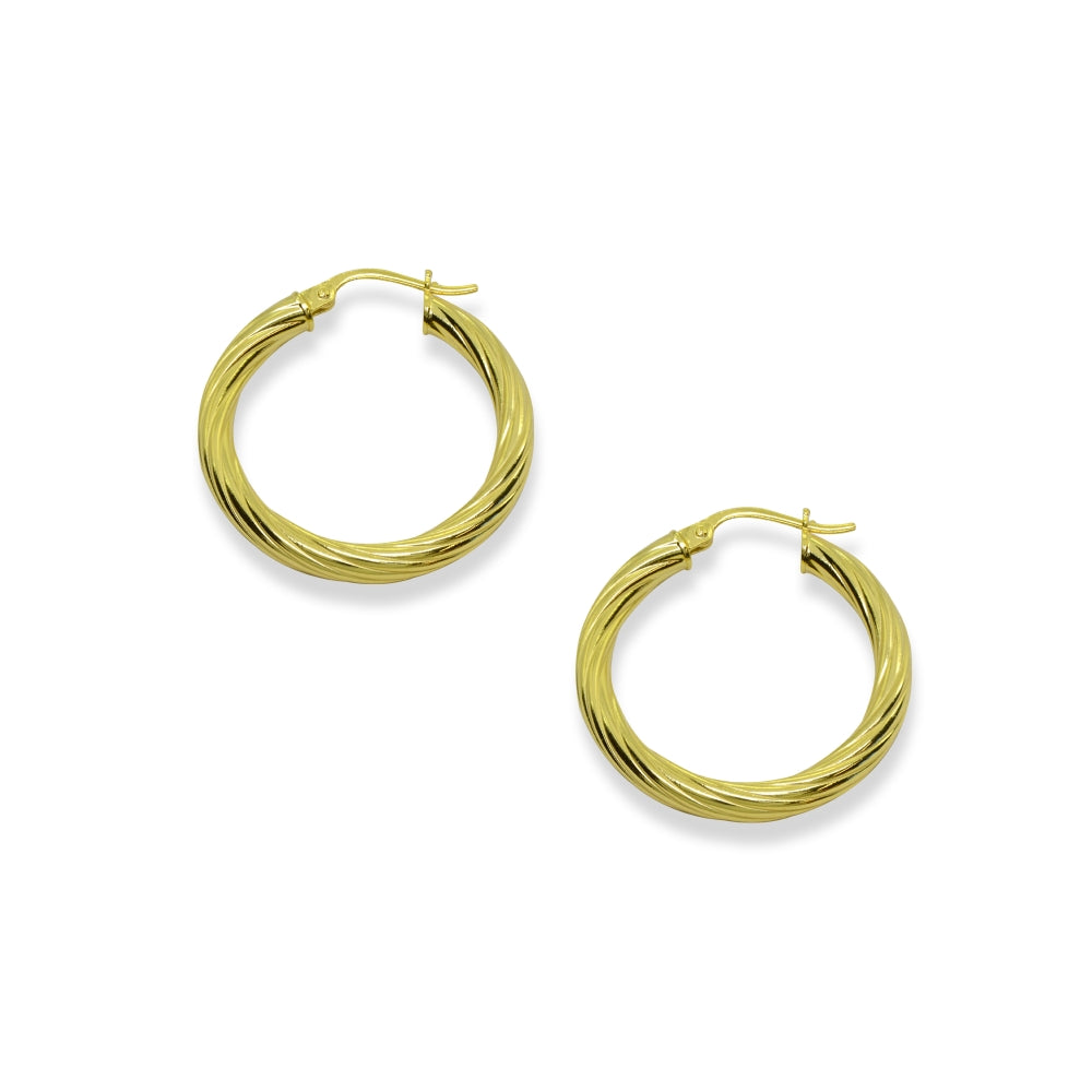 Yellow Gold Flashed Sterling Silver Polished 3x30mm Twist Round Click-Top Medium Hoop Earrings-2