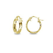 Yellow Gold Flashed Sterling Silver 3x15mm Diamond-Cut Round Click-Top Small Hoop Earrings