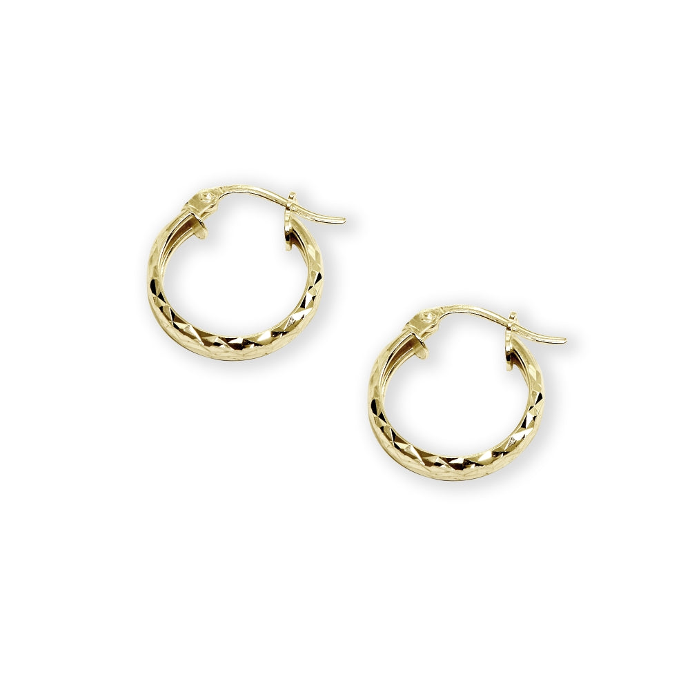 Yellow Gold Flashed Sterling Silver 3x15mm Diamond-Cut Round Click-Top Small Hoop Earrings-2