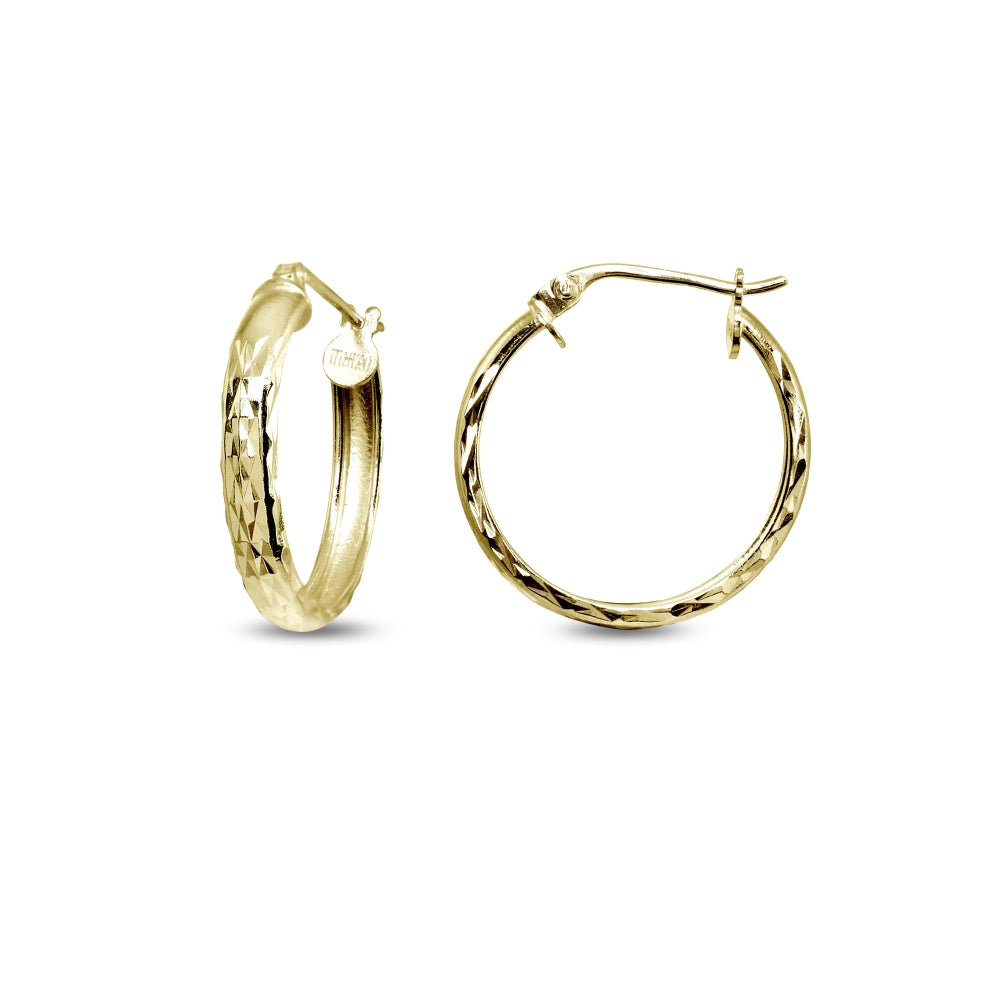 Yellow Gold Flashed Sterling Silver 3x20mm Diamond-Cut Round Click-Top Small Hoop Earrings