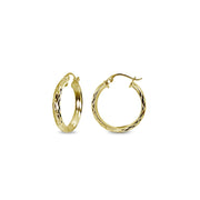 Yellow Gold Flashed Sterling Silver 3x15mm Diamond-Cut Round Dainty Click-Top Small Hoop Earrings