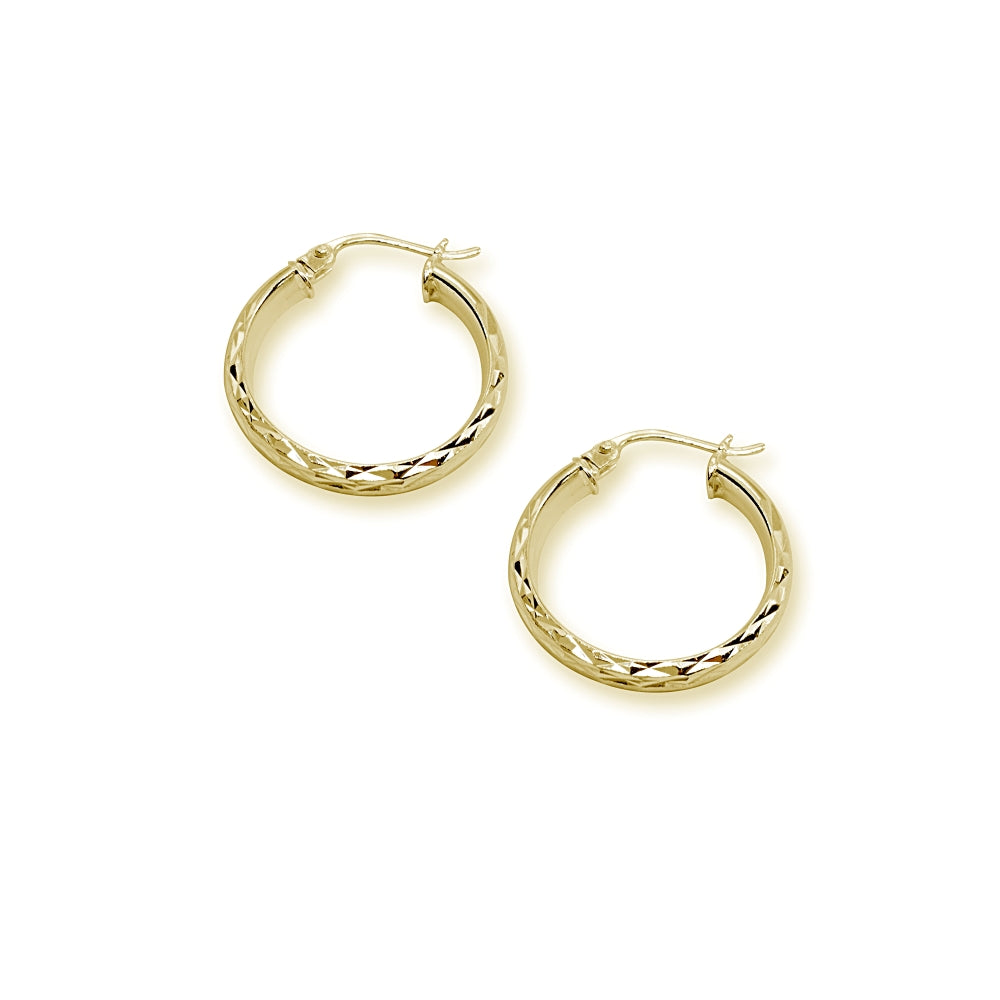 Yellow Gold Flashed Sterling Silver 3x15mm Diamond-Cut Round Dainty Click-Top Small Hoop Earrings-2
