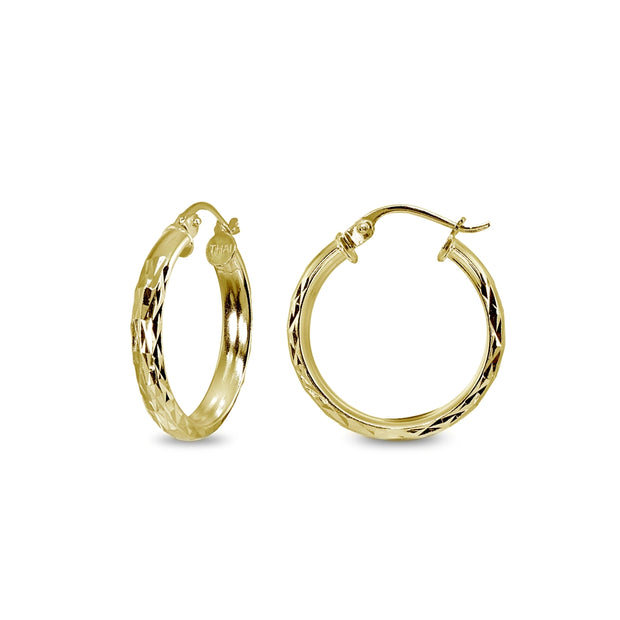 Yellow Gold Flashed Sterling Silver 3x20mm Diamond-Cut Round Dainty Click-Top Small Hoop Earrings