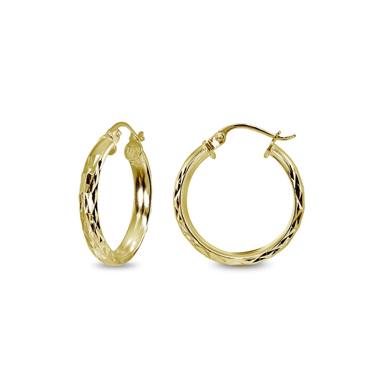 Yellow Gold Flashed Sterling Silver 3x20mm Diamond-Cut Round Dainty Click-Top Small Hoop Earrings