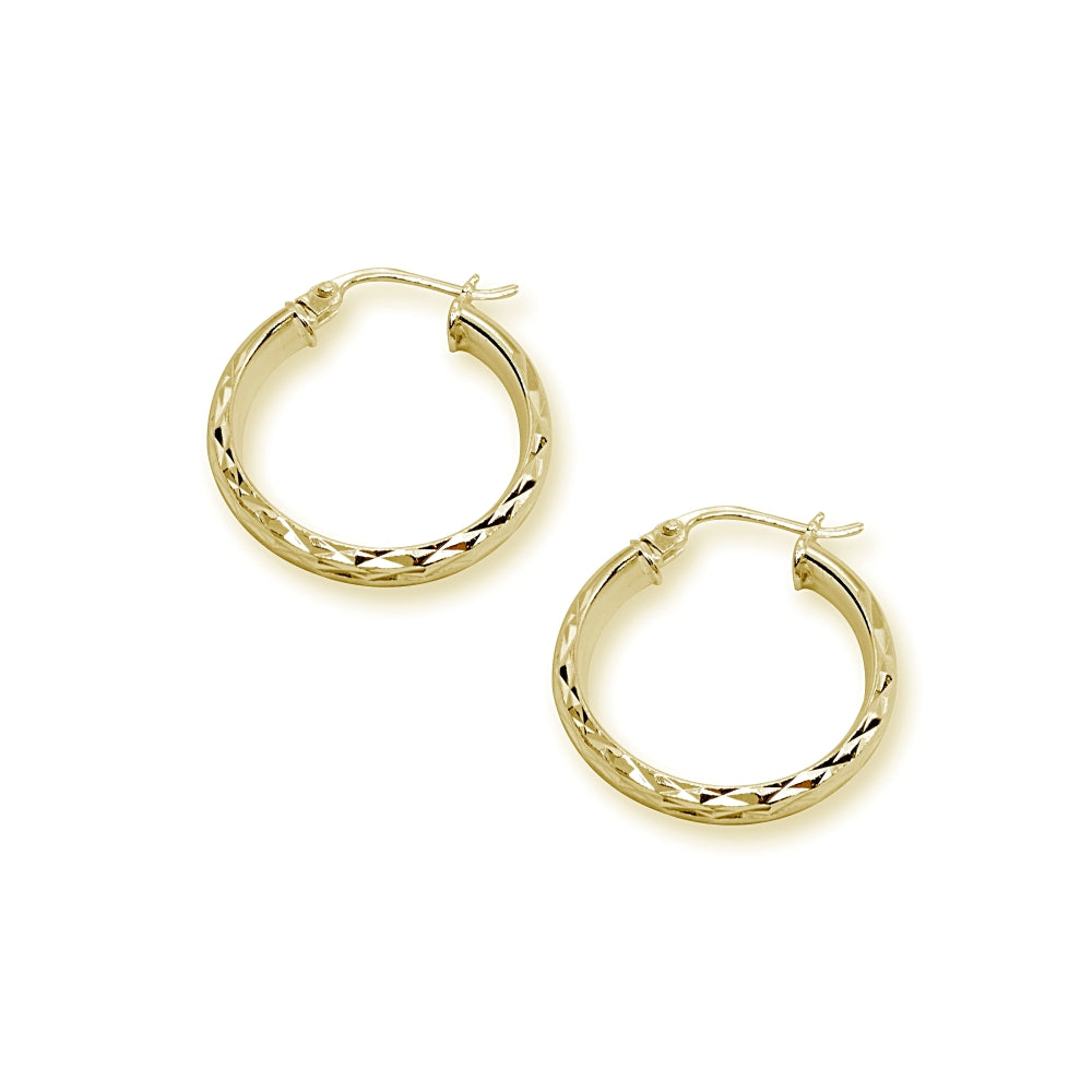 Yellow Gold Flashed Sterling Silver 3x20mm Diamond-Cut Round Dainty Click-Top Small Hoop Earrings-2