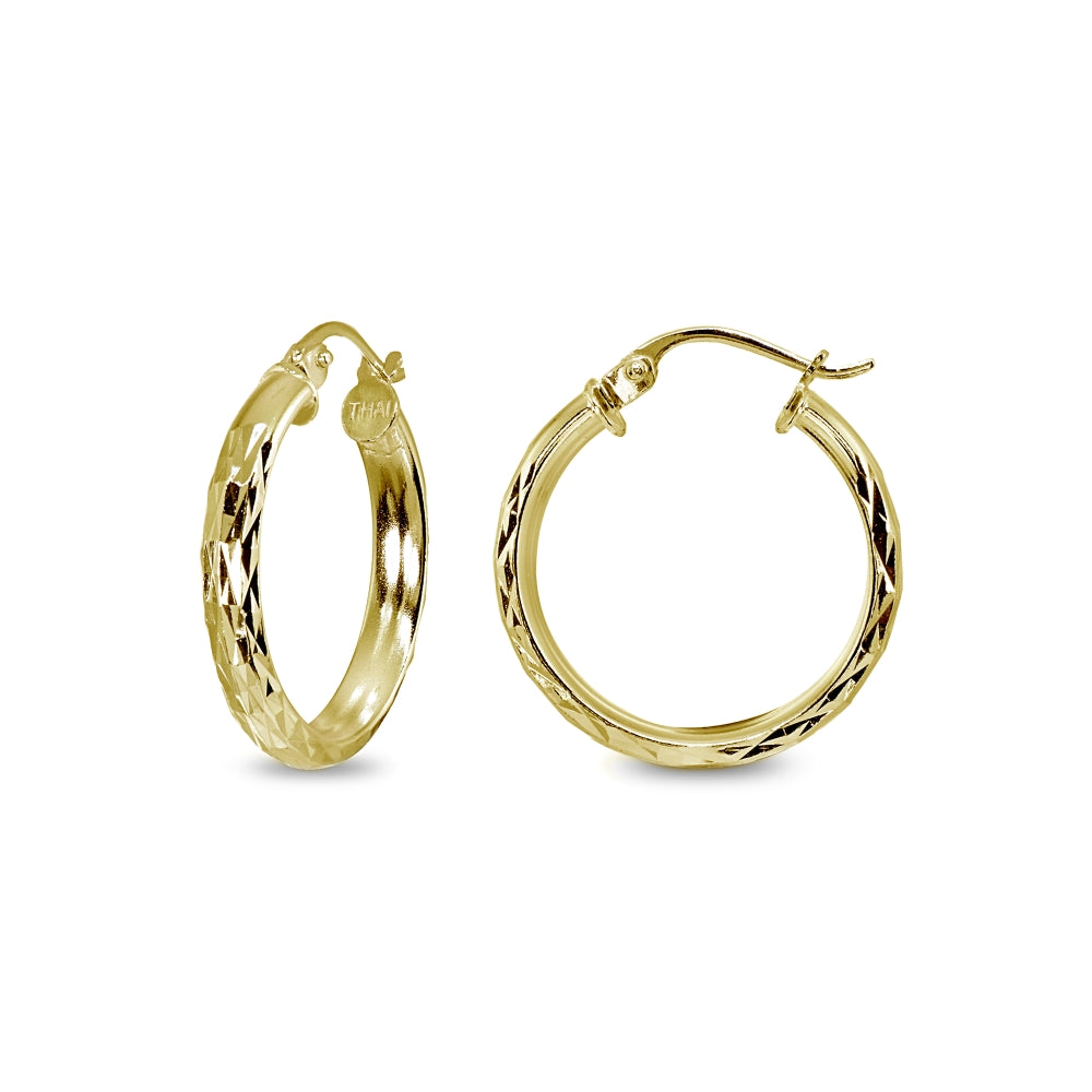 Yellow Gold Flashed Sterling Silver 3x25mm Diamond-Cut Round Dainty Click-Top Small Hoop Earrings
