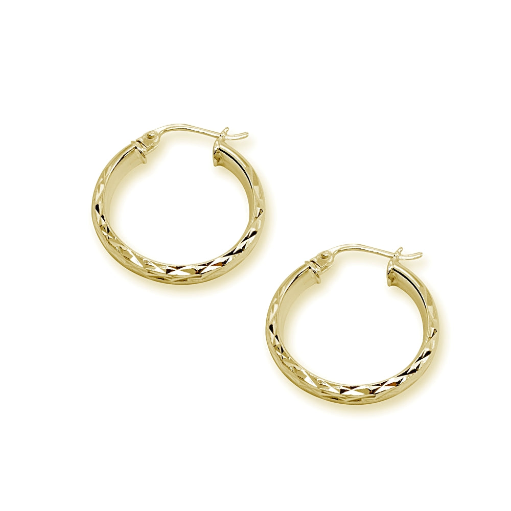 Yellow Gold Flashed Sterling Silver 3x25mm Diamond-Cut Round Dainty Click-Top Small Hoop Earrings-2