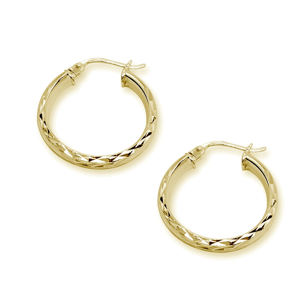 Yellow Gold Flashed Sterling Silver 3x30mm Diamond-Cut Round Dainty Click-Top Small Hoop Earrings-2
