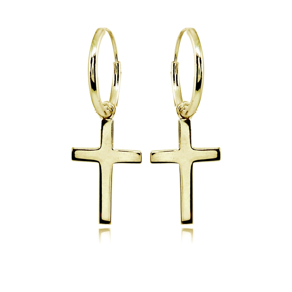 Yellow Gold Flashed Sterling Silver Polished Cross Religious Dainty Endless Small Hoop Earrings