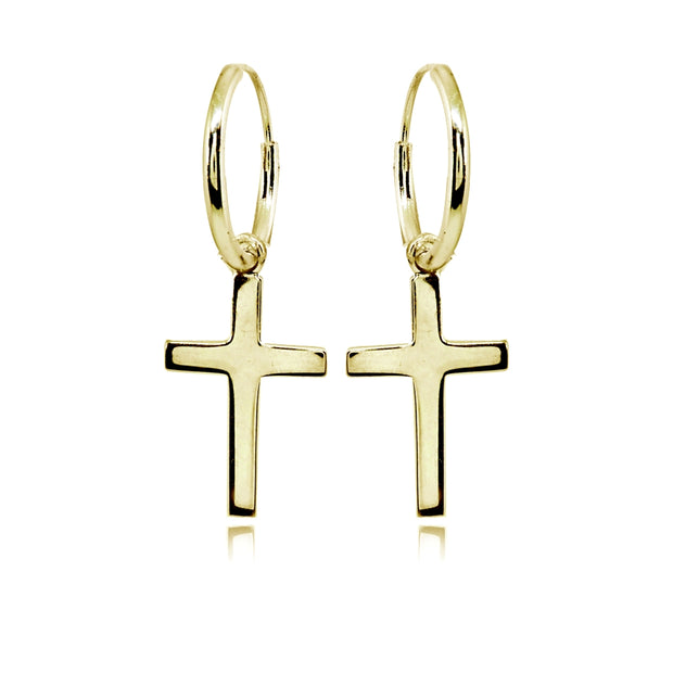 Yellow Gold Flashed Sterling Silver Polished Cross Religious Dainty Endless Small Hoop Earrings