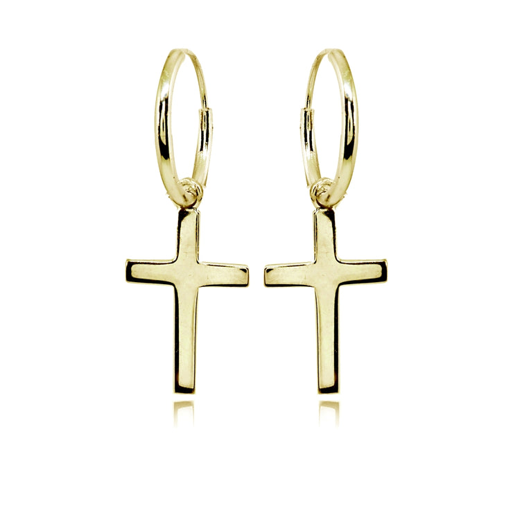 Yellow Gold Flashed Sterling Silver Polished Cross Religious Dainty Endless Small Hoop Earrings