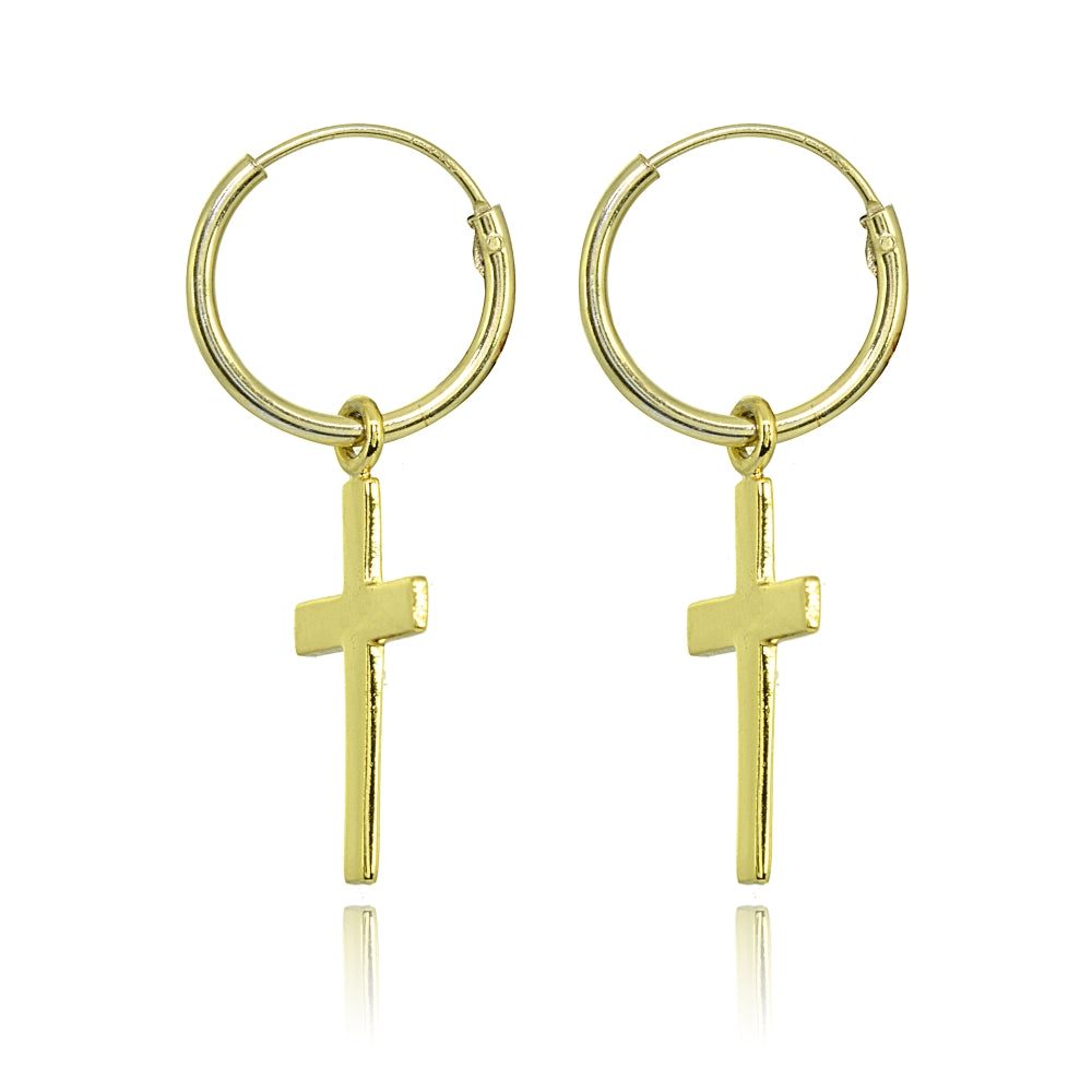 Yellow Gold Flashed Sterling Silver Polished Cross Religious Dainty Endless Small Hoop Earrings-2