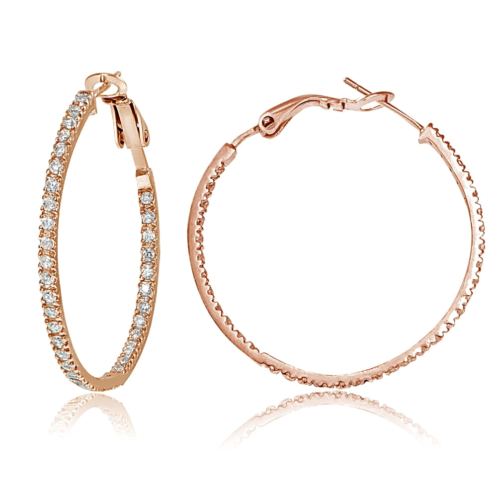 18k Rose Gold over Silver 35mm Inside Out CZ Hoop Earrings