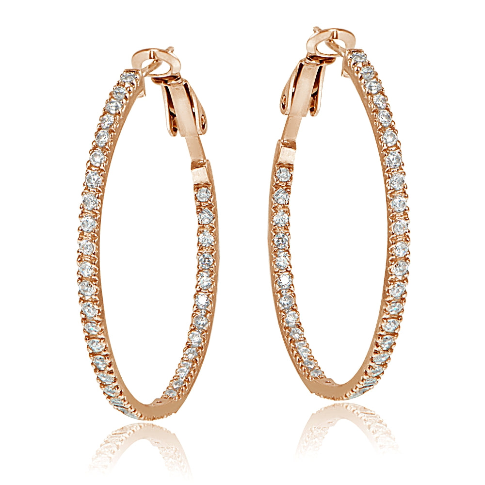 18k Rose Gold over Silver 35mm Inside Out CZ Hoop Earrings-2