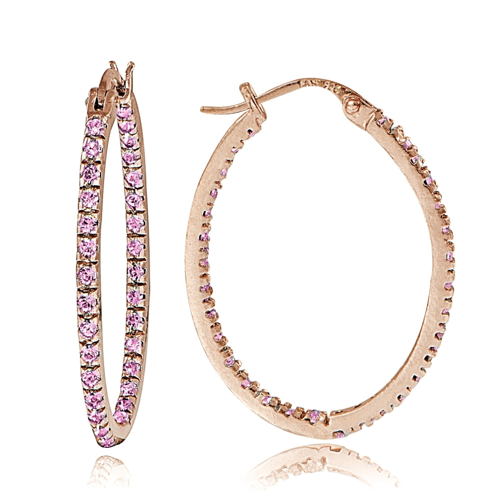 Rose Gold Flash Sterling Silver Pink Cubic Zirconia Inside Out 25mm Oval Hoop Earrings