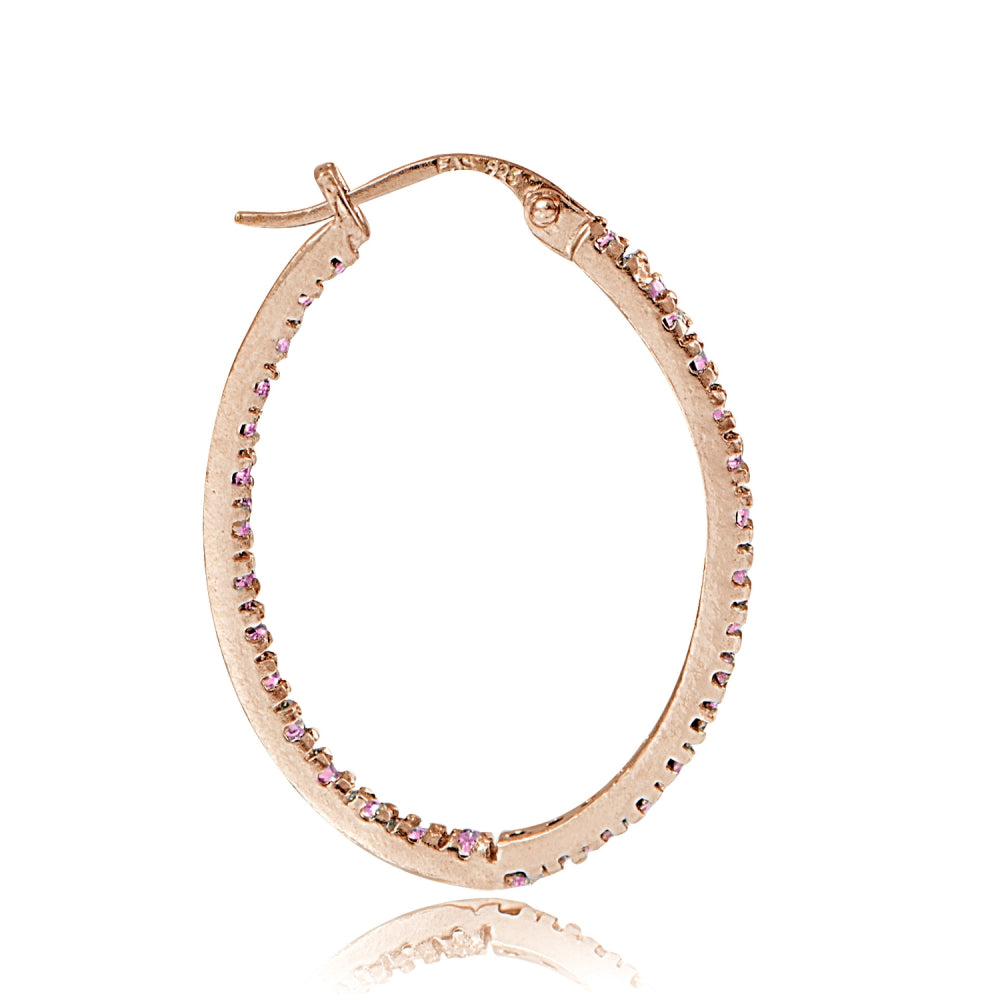 Rose Gold Flash Sterling Silver Pink Cubic Zirconia Inside Out 25mm Oval Hoop Earrings-2