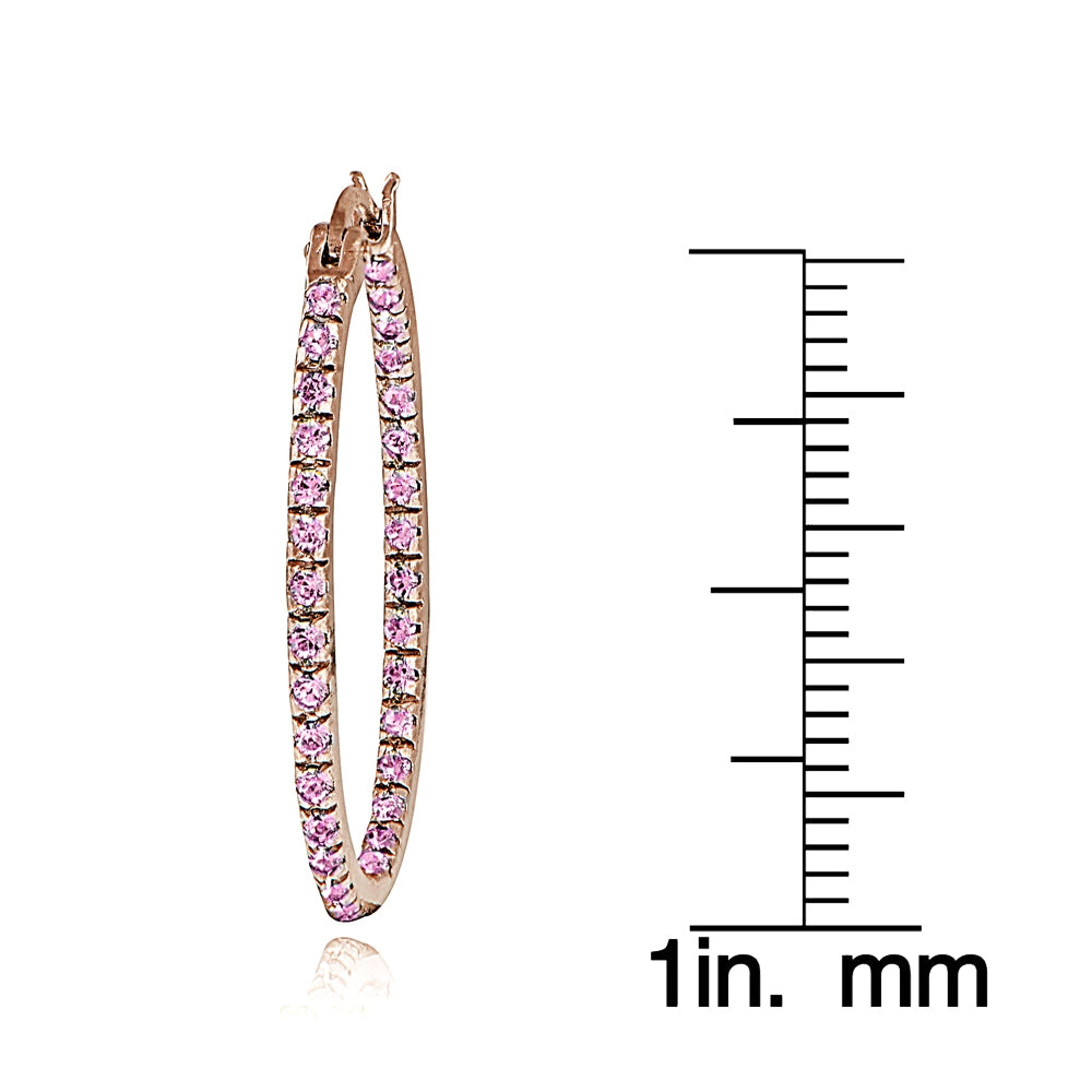 Rose Gold Flash Sterling Silver Pink Cubic Zirconia Inside Out 25mm Oval Hoop Earrings-3