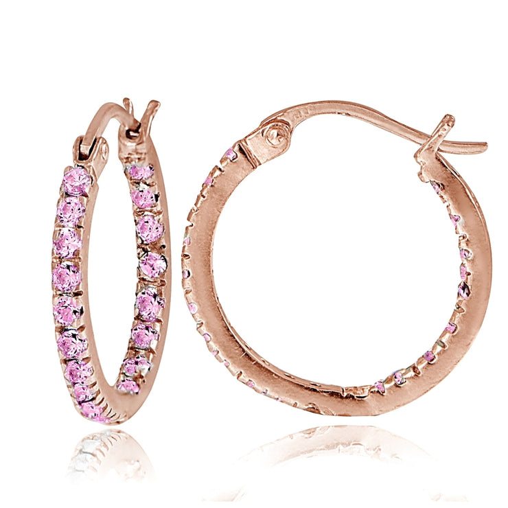 Rose Gold Flash over Sterling Silver Pink Cubic Zirconia Inside Out 17mm Round Hoop Earrings