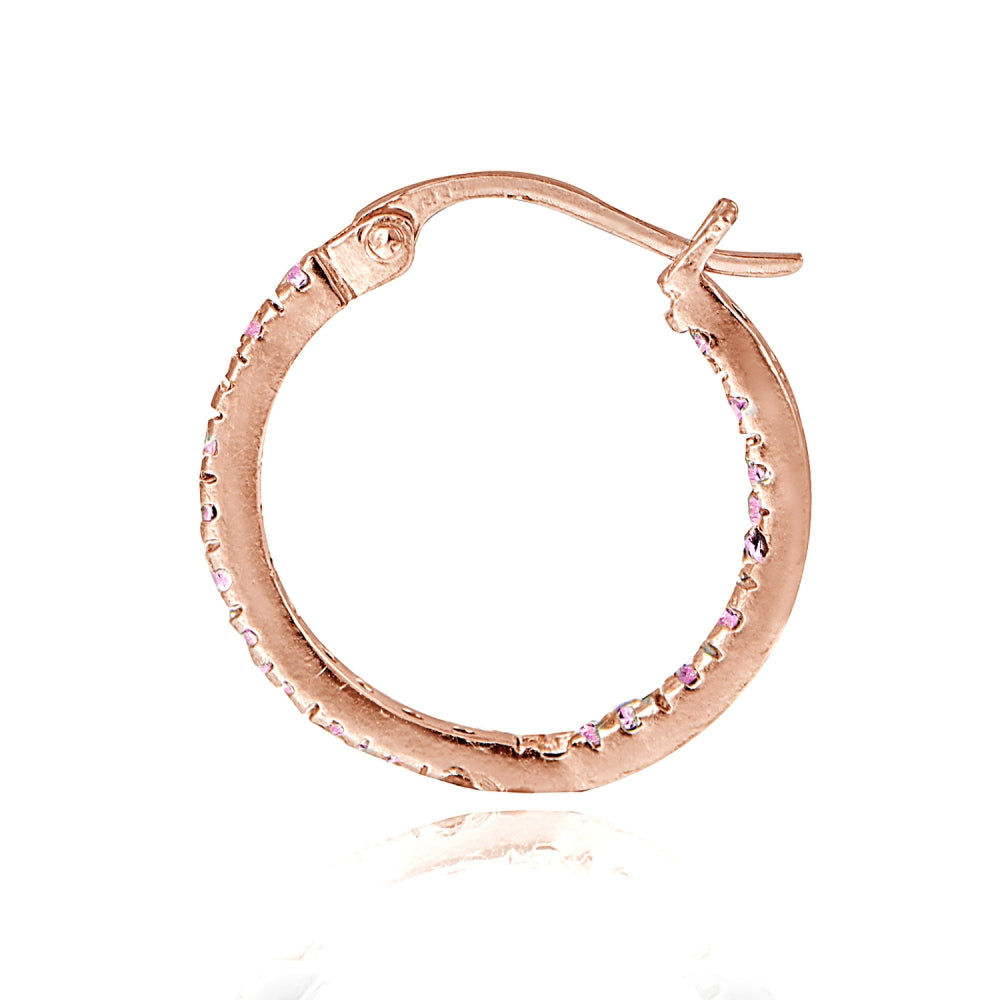 Rose Gold Flash over Sterling Silver Pink Cubic Zirconia Inside Out 17mm Round Hoop Earrings-2