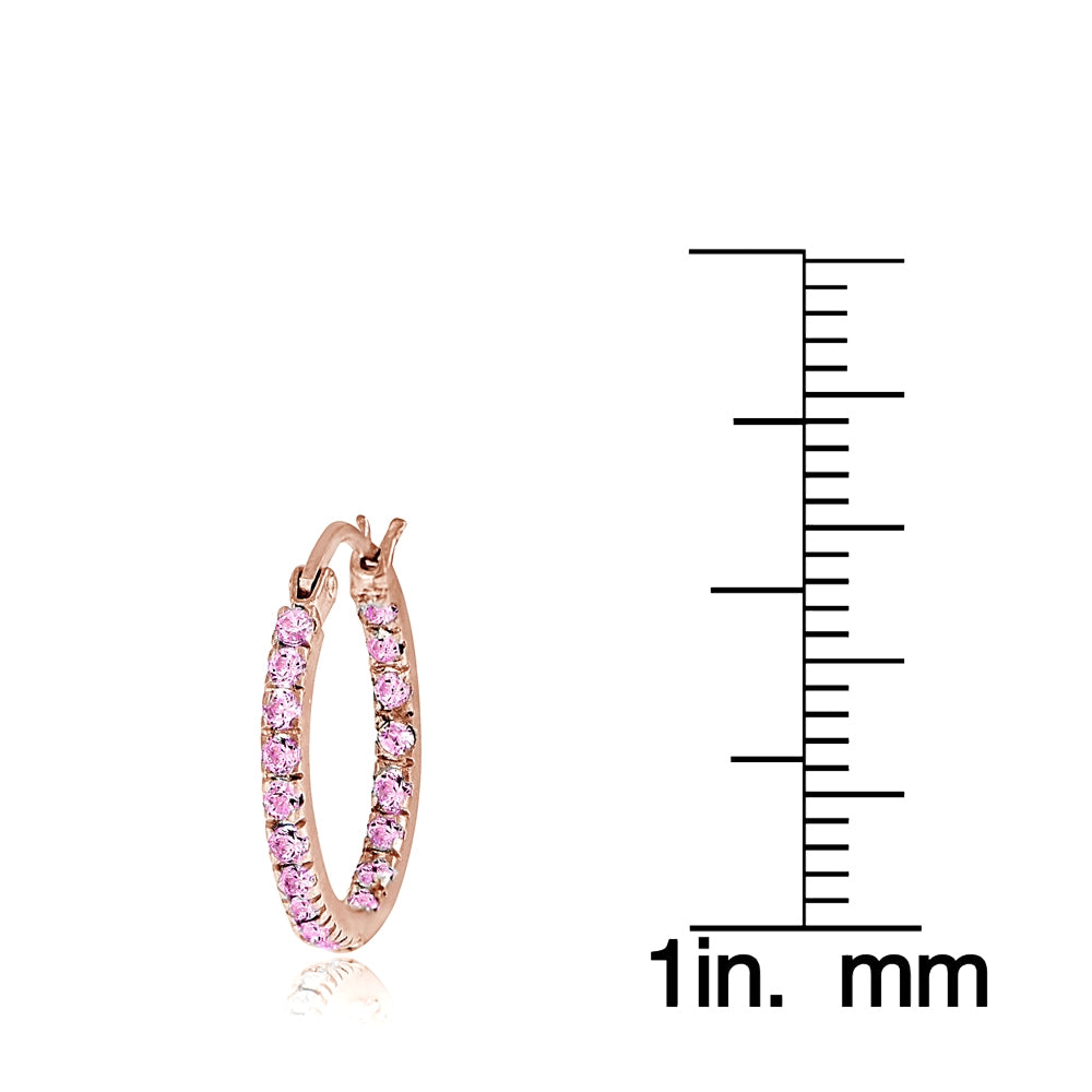 Rose Gold Flash over Sterling Silver Pink Cubic Zirconia Inside Out 17mm Round Hoop Earrings-3