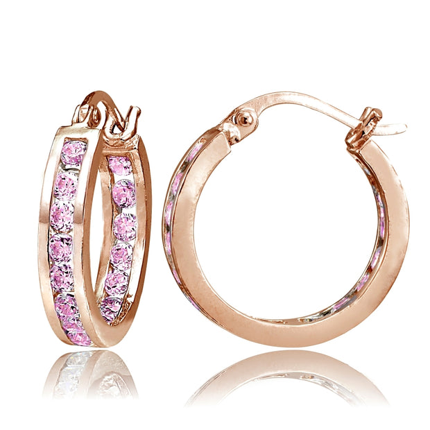 Rose Gold Flash Sterling Silver Pink Cubic Zirconia Inside Out Channel-Set 15mm Round Hoop Earrings