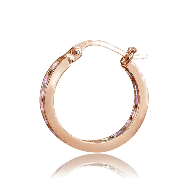 Rose Gold Flash Sterling Silver Pink Cubic Zirconia Inside Out Channel-Set 15mm Round Hoop Earrings