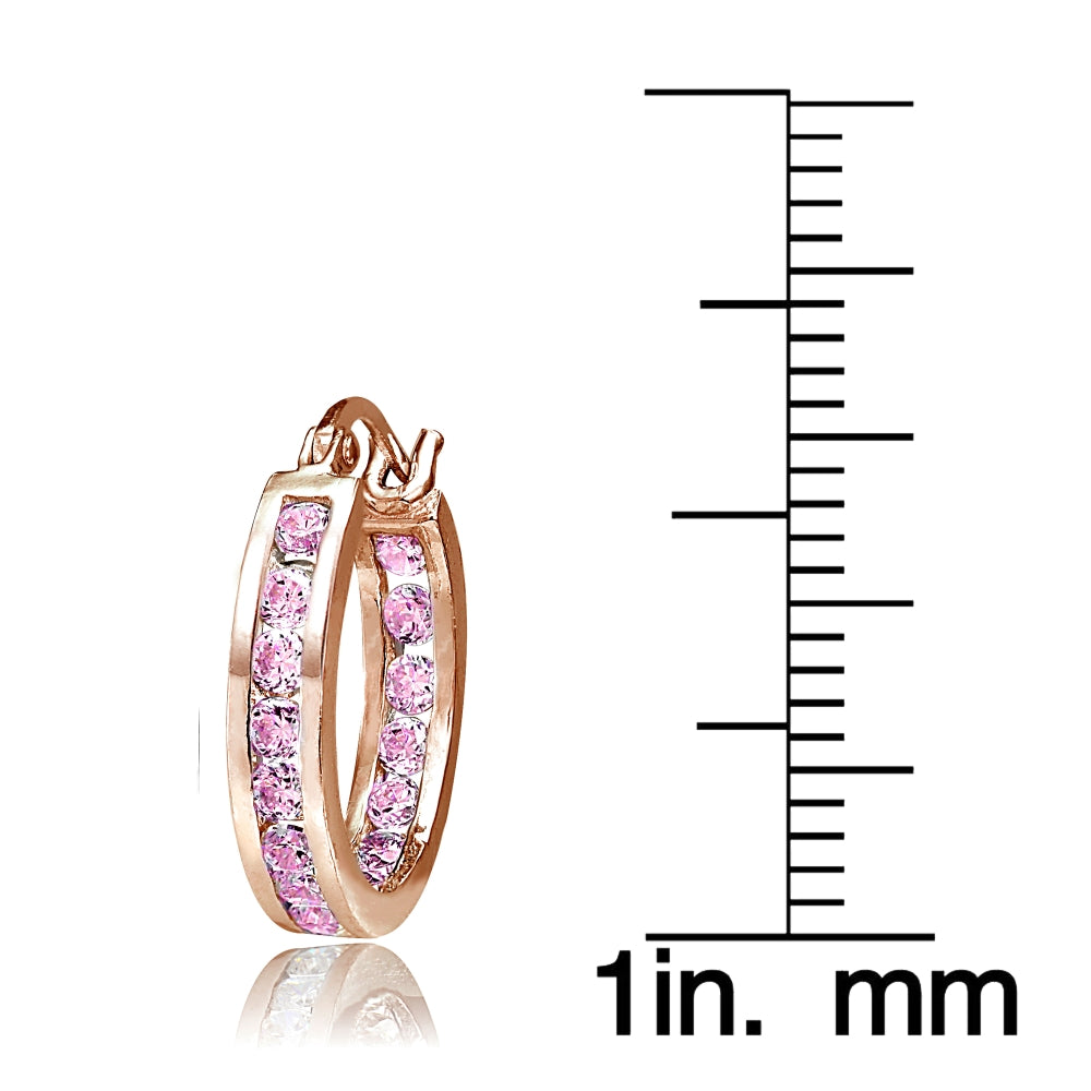 Rose Gold Flash Sterling Silver Pink Cubic Zirconia Inside Out Channel-Set 15mm Round Hoop Earrings-3
