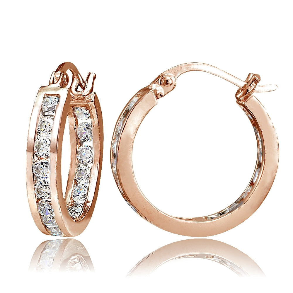 Rose Gold Tone over Sterling Silver Cubic Zirconia Inside Out Channel-Set 15mm Round Hoop Earrings