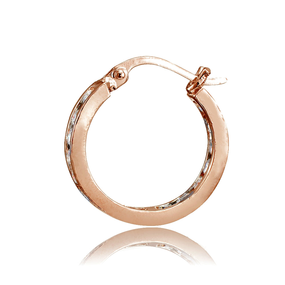 Rose Gold Tone over Sterling Silver Cubic Zirconia Inside Out Channel-Set 15mm Round Hoop Earrings-2